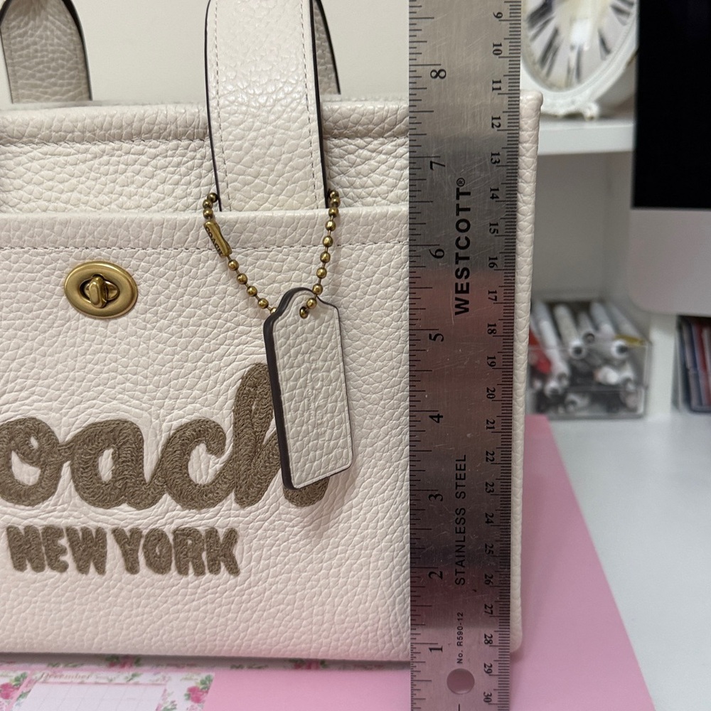 Coach White Pebbled Leather Tote with Taupe Logo and Trim - Picture 11 of 12